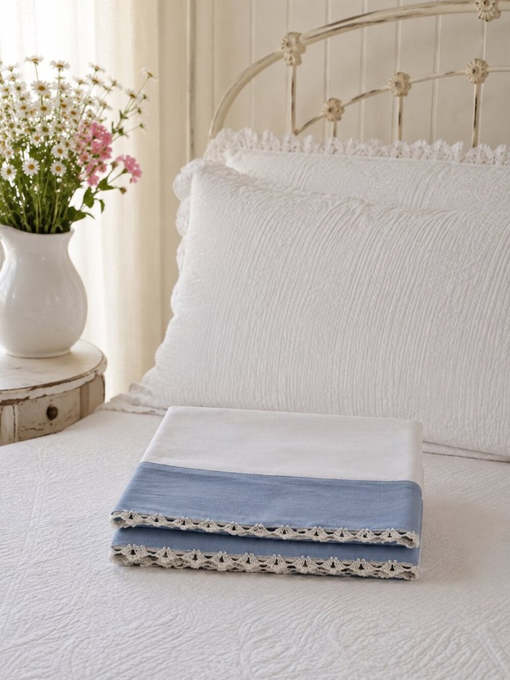 Set of Vintage Standard Size Blue and White Pillowcases with Hand Crocheted Edge
